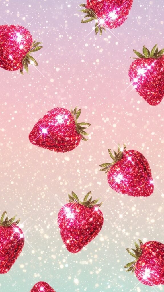 Floating strawberries surrounded by twinkling stars and pastel clouds cute strawberry wallpaper