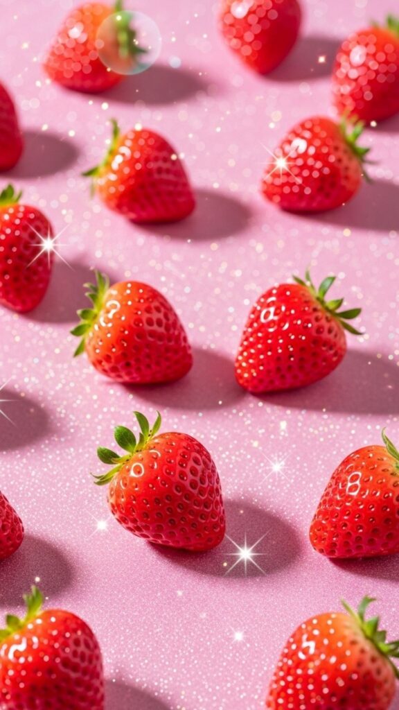 Juicy strawberries with glitter sparkles cute strawberry wallpaper