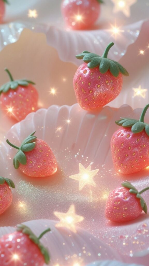 Dreamy strawberries floating on soft pastel clouds background cute strawberry wallpaper