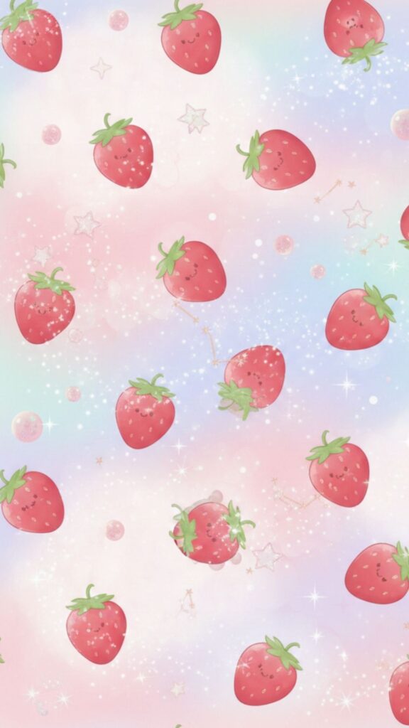 Tiny strawberries floating on clouds with glitter cute strawberry wallpaper