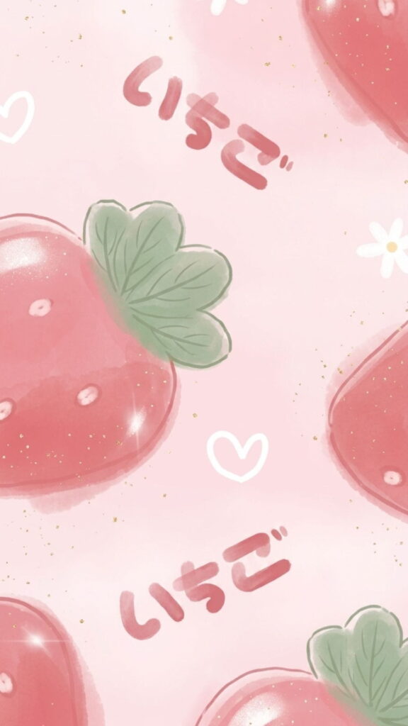 A colorful wallpaper adorned with strawberries