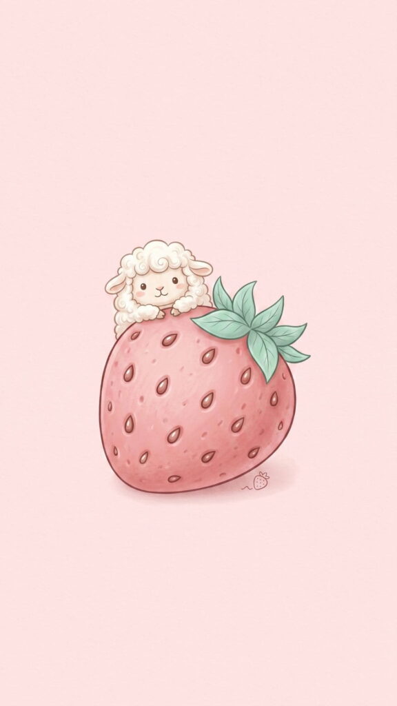 A cute sheep perches on a vibrant strawberry