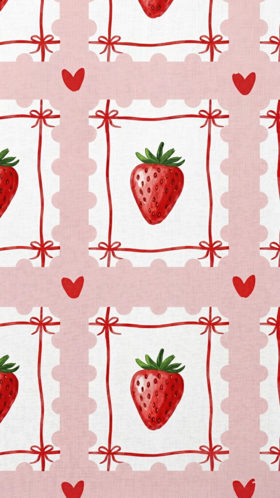 A repeating pattern of strawberries and red hearts on a white background