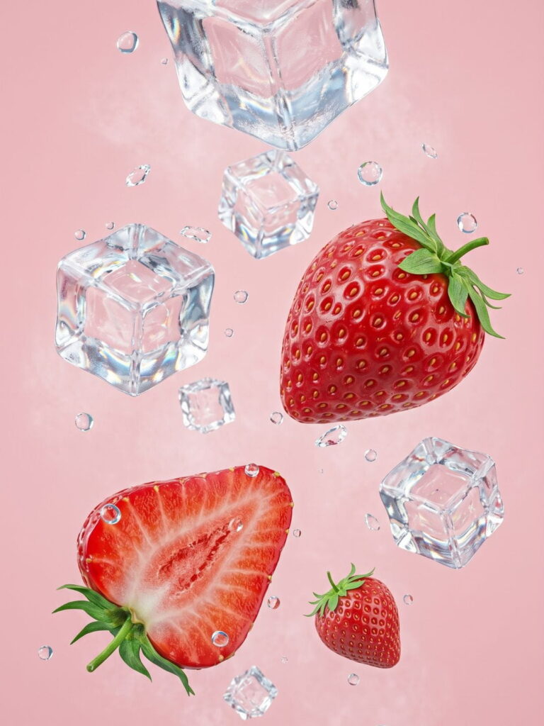 Fresh strawberries and ice cubes