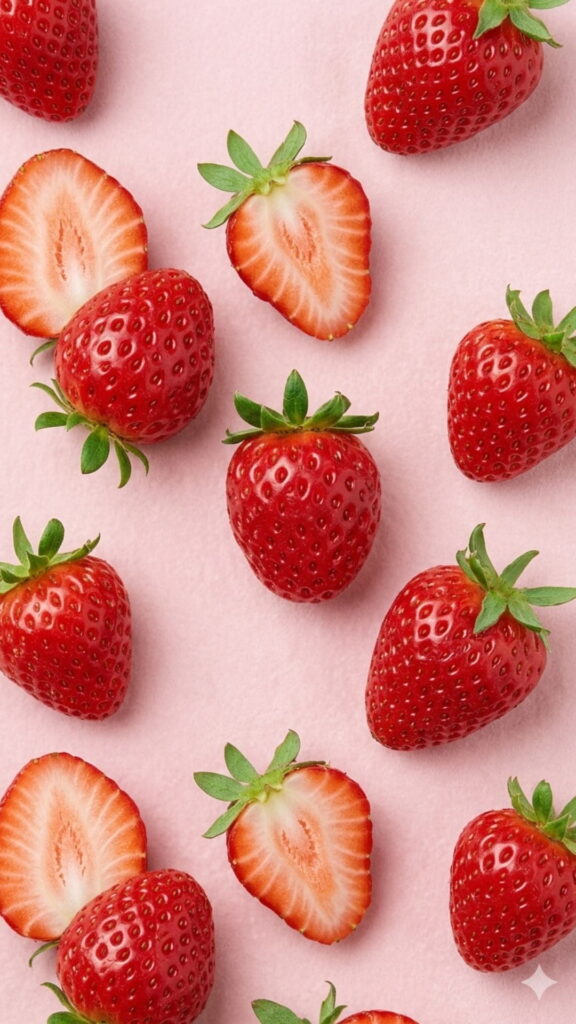 Fresh strawberries arranged on a soft pink background