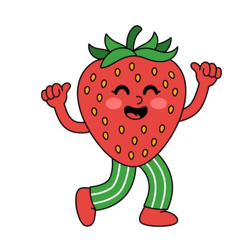 A cartoon strawberry character wearing colorful pajamas