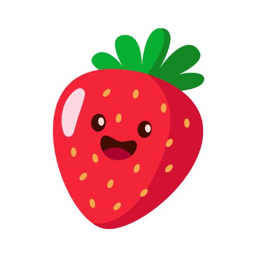 A cartoonish strawberry with a smiling face and large eyes
