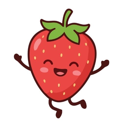 A cheerful cartoon strawberry character is joyfully jumping