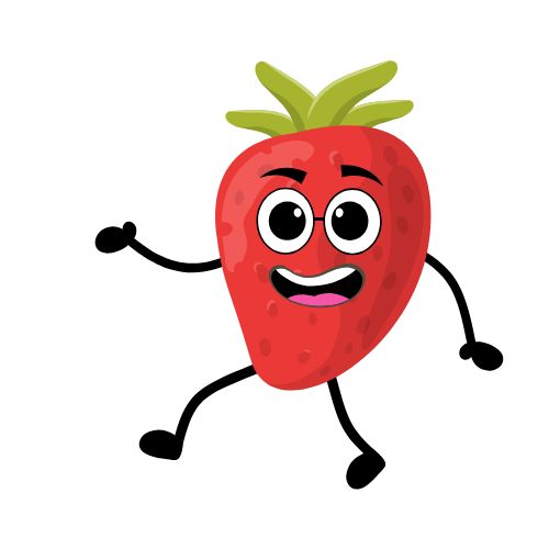 A cheerful cartoon strawberry character running with a big smile