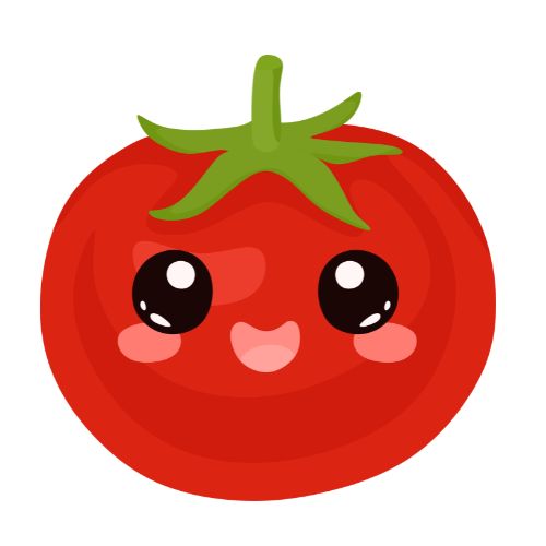A cheerful cartoon tomato with eyes and a smiling face