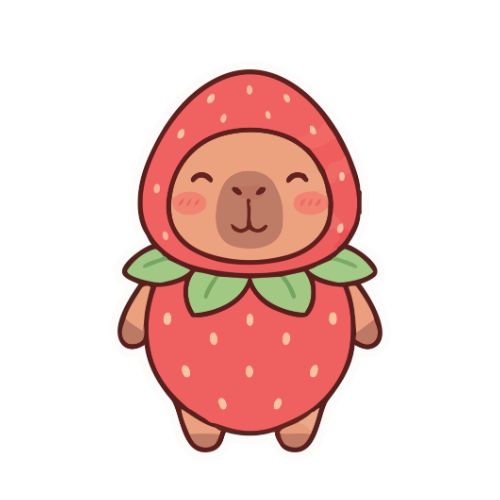 A cute bear wearing a whimsical strawberry hat