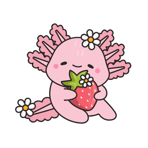 A cute pink dragon joyfully holds a bright red strawberry in its tiny claws