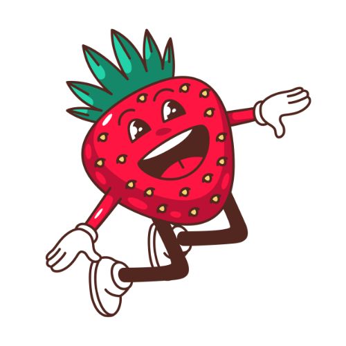Cartoon strawberry character joyfully