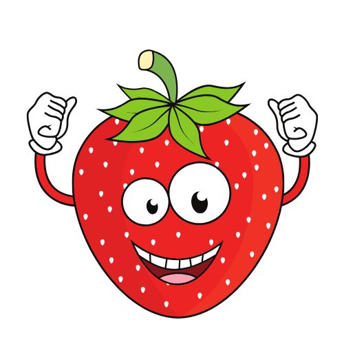 Cartoon strawberry character with a big smile and two thumbs up