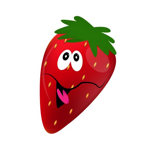 Cartoon strawberry with a smiling face and a playful tongue sticking out