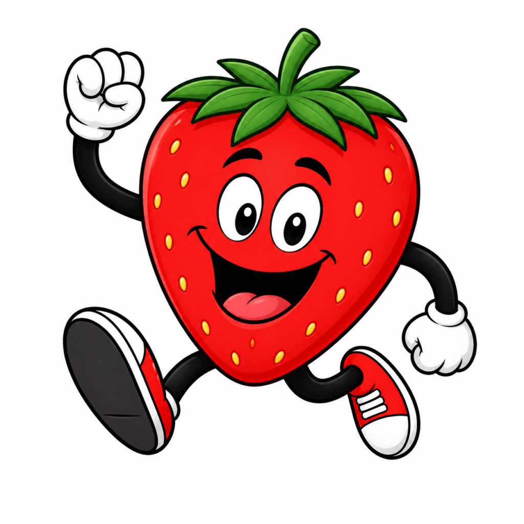 Cheerful jumping strawberry mascot