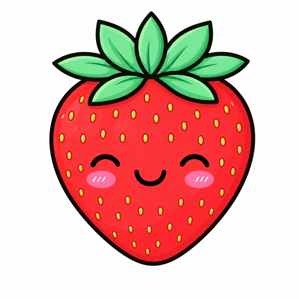 Kawaii smiling strawberry with leaves
