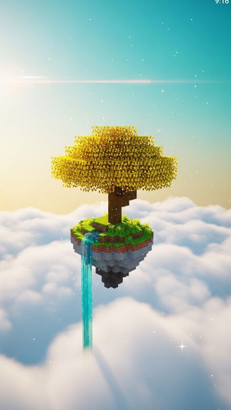 A floating Minecraft island with a golden tree and waterfall above white clouds Minecraft Wallpaper