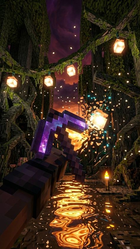 A first-person view of a Minecraft player holding an enchanted purple pickaxe in a glowing lantern forest Minecraft Wallpaper