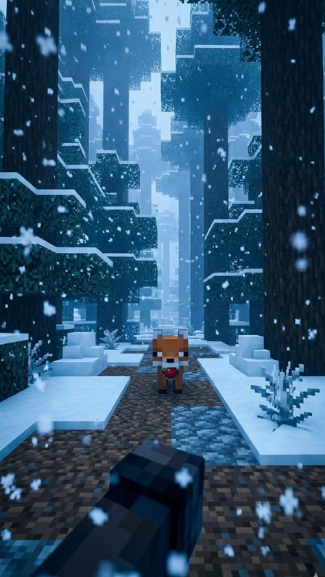 A small Minecraft fox holding a red berry in a snowy taiga forest Minecraft Wallpaper