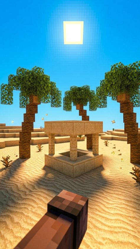 A sandstone desert well surrounded by palm trees under a bright blue sky Minecraft Wallpaper