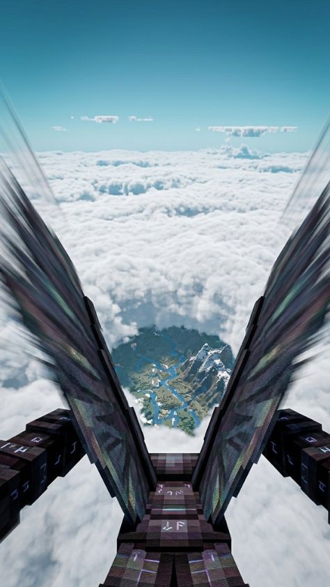 A first-person view of a Minecraft player gliding with Elytra wings high above a cloud layer Minecraft Wallpaper