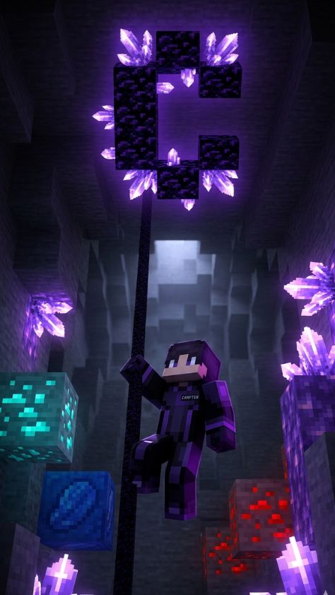 A Minecraft character climbing a rope toward a glowing amethyst and obsidian structure Minecraft Wallpaper