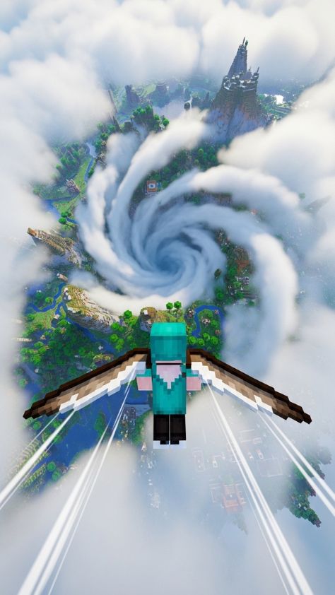 A first-person view of a Minecraft player with wings gliding toward a massive swirling cloud vortex Minecraft Wallpaper