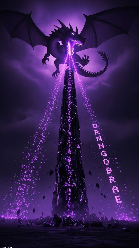 The Ender Dragon hovering over a tall obsidian pillar with glowing purple particles Minecraft Wallpaper