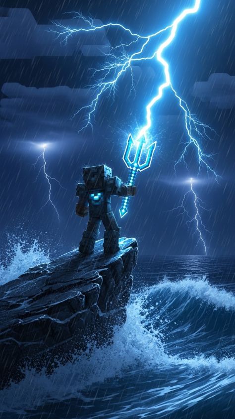 A Minecraft character standing on a rocky cliff holding a glowing blue trident during a lightning storm Minecraft Wallpaper