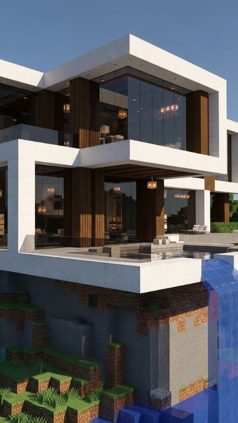A luxury modern Minecraft mansion with large glass windows and a cascading infinity pool Minecraft Wallpaper