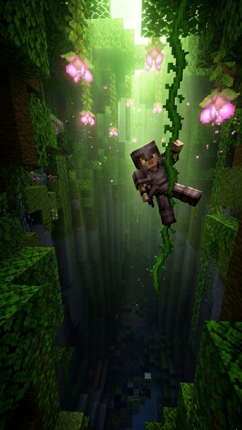 A Minecraft character in netherite armor swinging on a vine in a lush jungle cave Minecraft Wallpaper