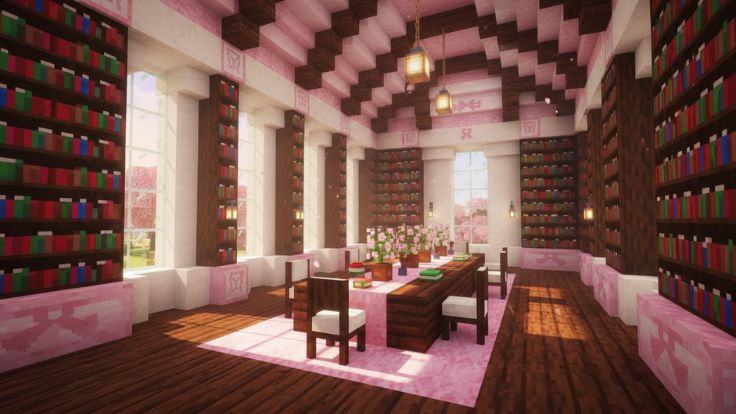 A large aesthetic Minecraft library with pink walls and cherry blossom views Minecraft Wallpaper