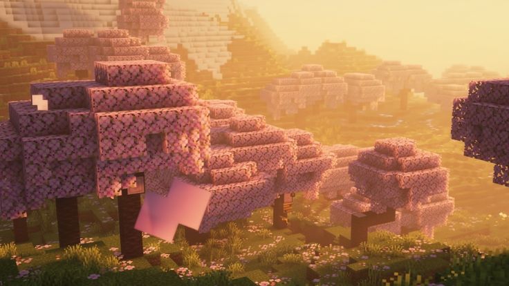 A scenic view of a Minecraft cherry blossom grove at sunset Minecraft Wallpaper