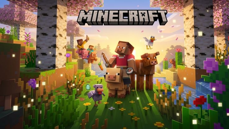 A joyful Minecraft scene featuring characters riding pigs and cows through a sunlit birch forest Minecraft Wallpaper