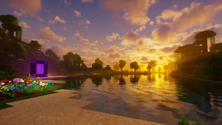 A serene Minecraft lakeside landscape with a glowing Nether portal at sunset Minecraft Wallpaper