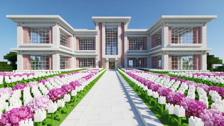 A large, modern pink and white Minecraft mansion with a vast field of pink and white tulips Minecraft Wallpaper