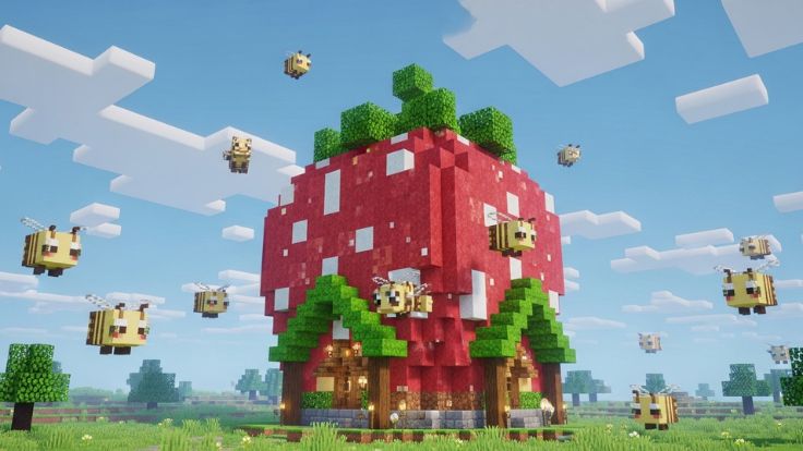 A giant Minecraft strawberry house with bees flying around it in a green field Minecraft Wallpaper