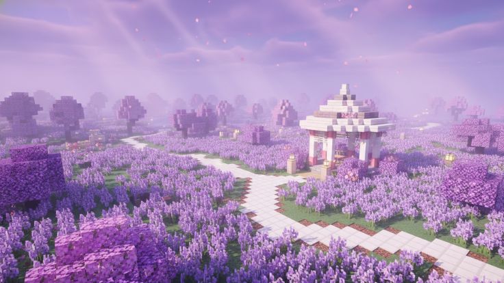 urple field with a white gazebo and cherry trees Minecraft Wallpaper