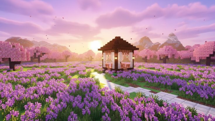 A dreamy Minecraft purple lavender field with a dark wooden gazebo and cherry trees Minecraft Wallpaper