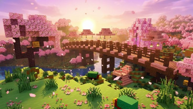 Cherry blossom river Minecraft Wallpaper