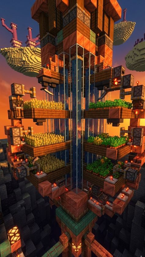 An automated multi-level Minecraft crop farm with wheat and carrots at sunset Minecraft Wallpaper