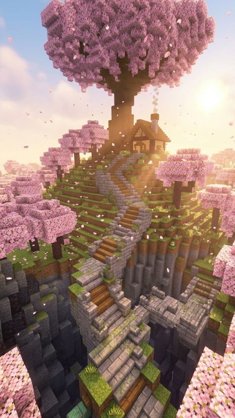 A Minecraft cherry blossom hill with a winding stone staircase leading to a cozy cottage Minecraft Wallpaper