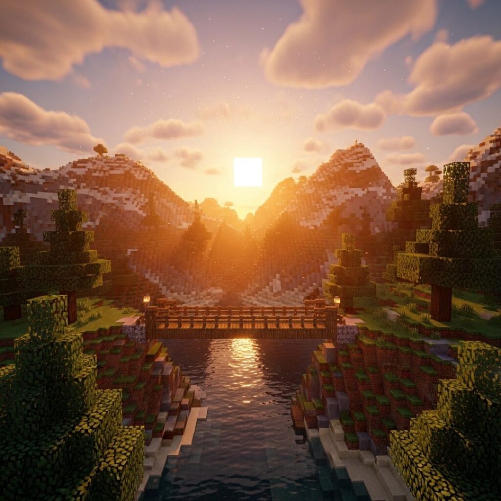 River at sunset Minecraft Wallpaper