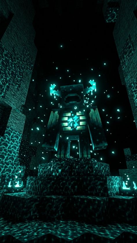 A powerful Minecraft Warden mob glowing with teal energy in a dark Deep Dark cave Minecraft Wallpaper