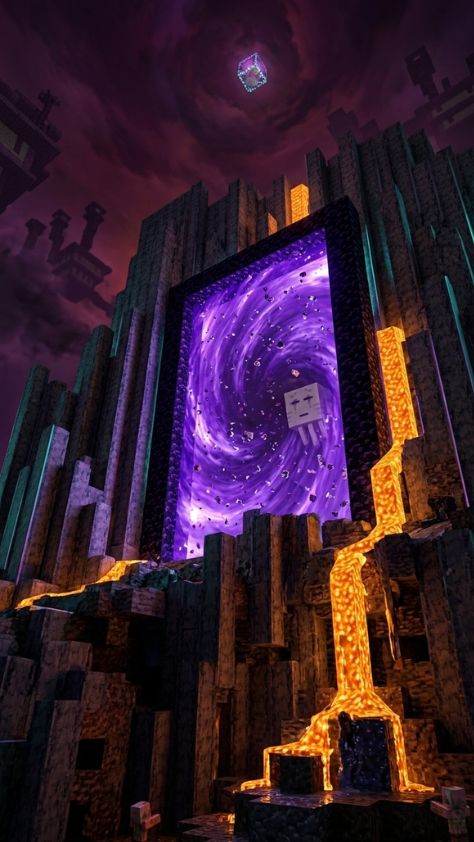 A massive glowing Nether portal with a Ghast face appearing in the swirling purple vortex Minecraft Wallpaper