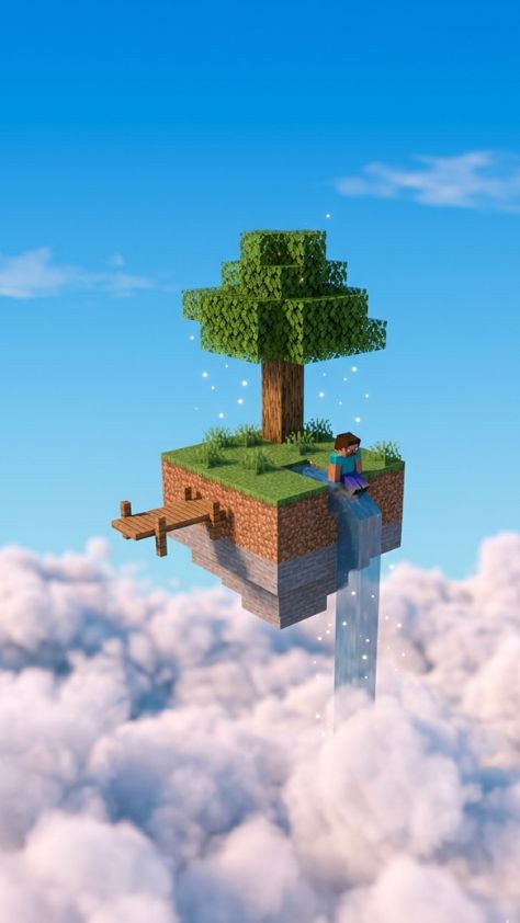 A Minecraft character sitting on a small floating island with a tree and waterfall above the clouds Minecraft Wallpaper