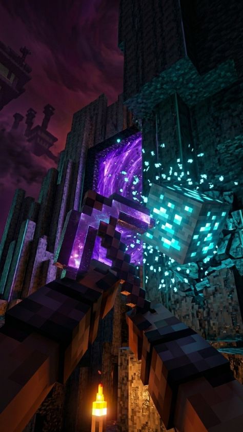 A first-person view of a Minecraft player mining a glowing diamond ore with an enchanted pickaxe Minecraft Wallpaper