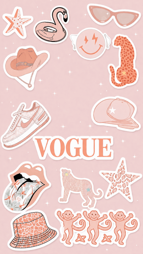 Various Vogue stickers arranged on a bright pink backdrop