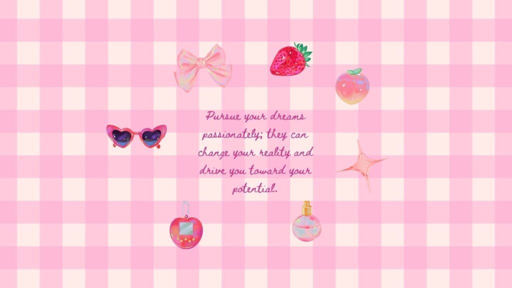 Makeup brushes, pearls, and bows forming a pink coquette wallpaper.